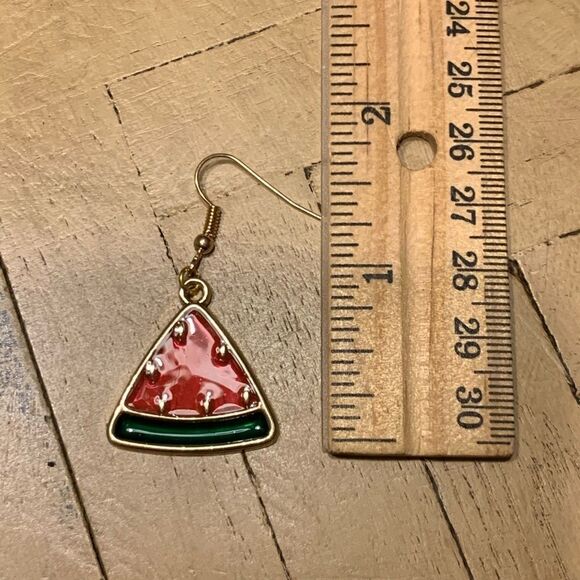 Watermelon Drop Earrings Gold Red Pink Green - Picture 5 of 8